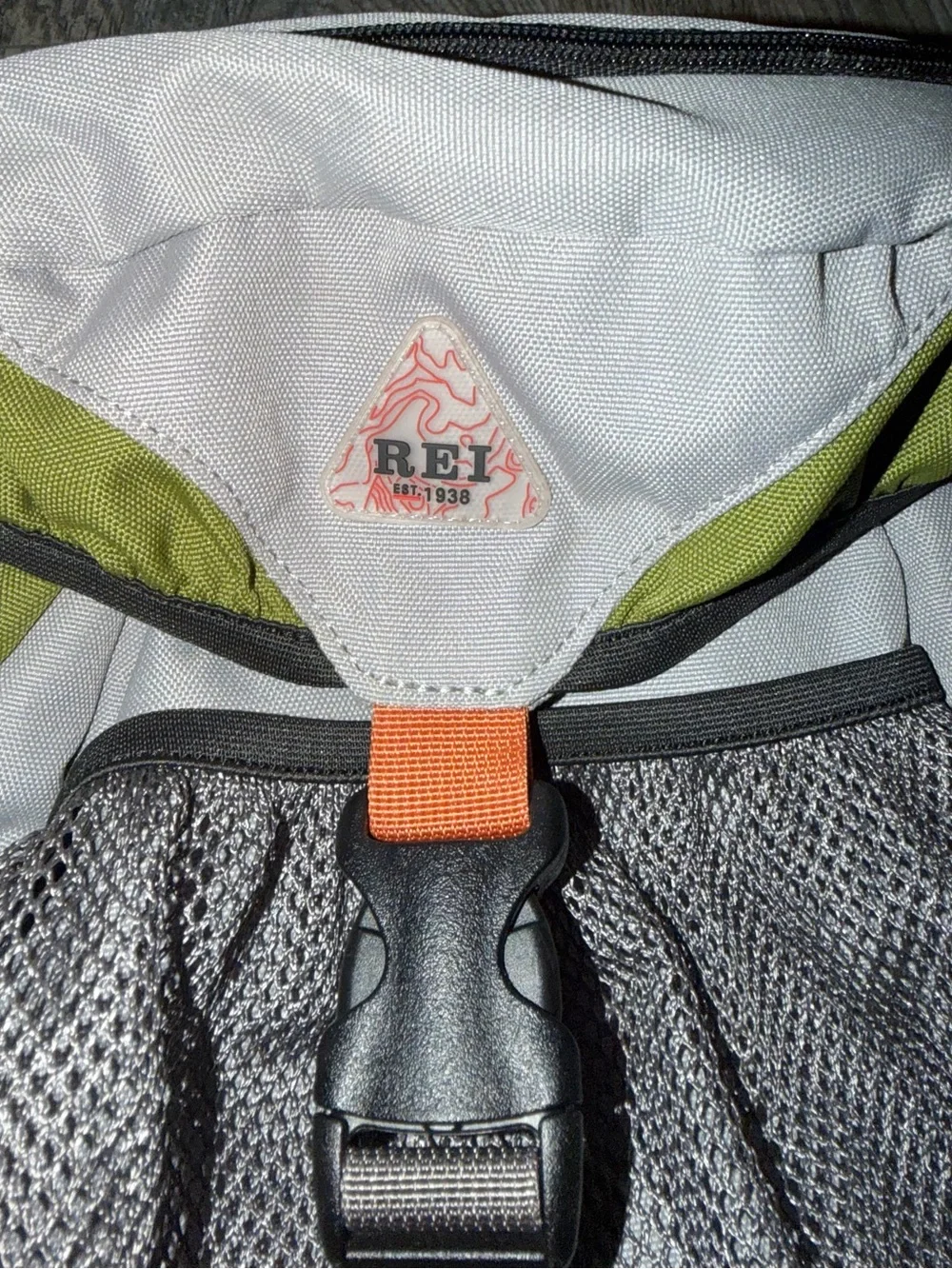 REI Olive Green and Gray Hiking Backpack with Orange Accents